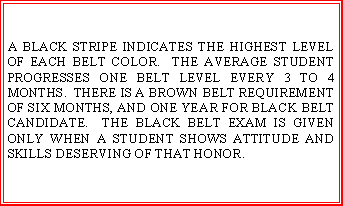Text Box: A BLACK STRIPE INDICATES THE HIGHEST LEVEL OF EACH BELT COLOR.  THE AVERAGE STUDENT PROGRESSES ONE BELT LEVEL EVERY 3 TO 4 MONTHS.  THERE IS A BROWN BELT REQUIREMENT OF SIX MONTHS, AND ONE YEAR FOR BLACK BELT CANDIDATE.  THE BLACK BELT EXAM IS GIVEN ONLY WHEN A STUDENT SHOWS ATTITUDE AND SKILLS DESERVING OF THAT HONOR.